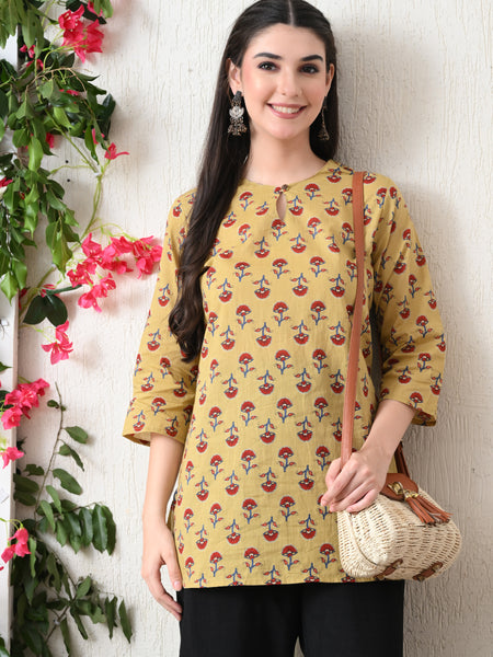 Beige Butti Pure Cotton Casual 3/4th Sleeves Top for women