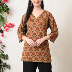 Peru Flower Block Pure Cotton Casual 3/4th Sleeves Top for women