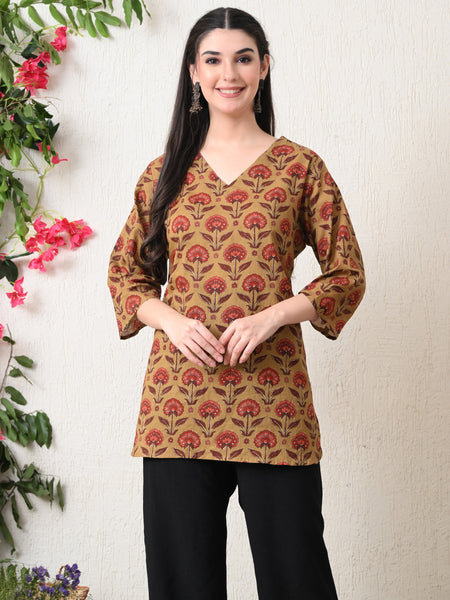 Peru Flower Block Pure Cotton Casual 3/4th Sleeves Top for women