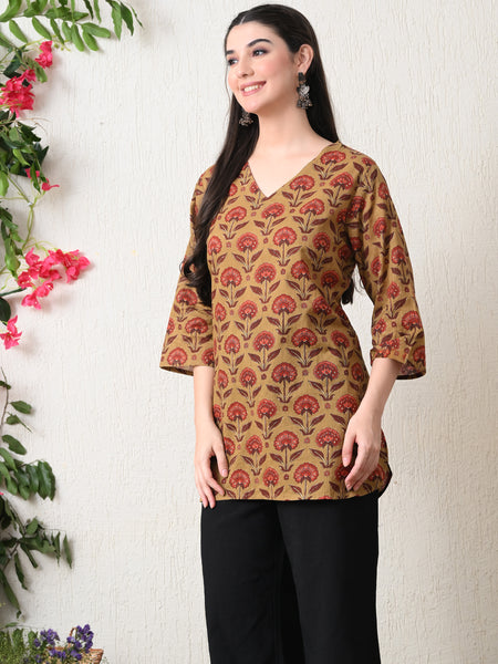 Peru Flower Block Pure Cotton Casual 3/4th Sleeves Top for women