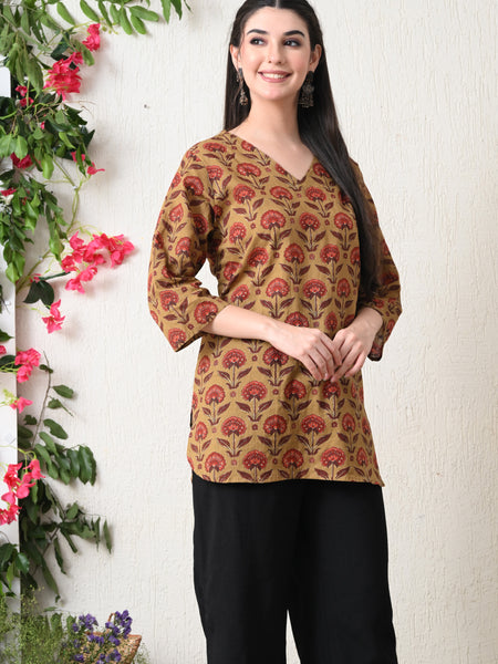 Peru Flower Block Pure Cotton Casual 3/4th Sleeves Top for women