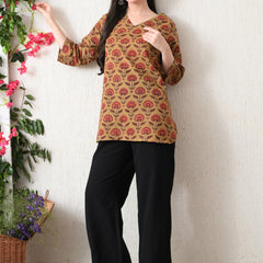 Peru Flower Block Pure Cotton Casual 3/4th Sleeves Top for women