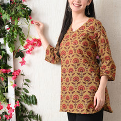 Peru Flower Block Pure Cotton Casual 3/4th Sleeves Top for women