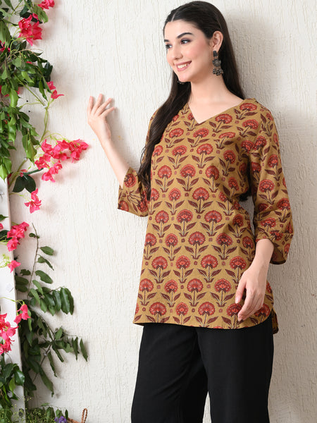 Peru Flower Block Pure Cotton Casual 3/4th Sleeves Top for women