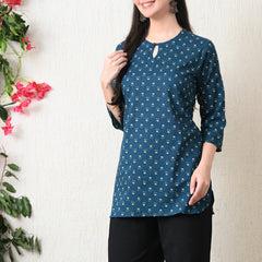 Teal Micro Flower Pure Cotton Casual 3/4th Sleeves Top for women