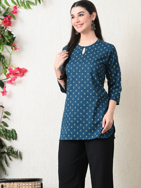 Teal Micro Flower Pure Cotton Casual 3/4th Sleeves Top for women