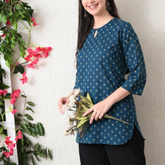 Teal Micro Flower Pure Cotton Casual 3/4th Sleeves Top for women