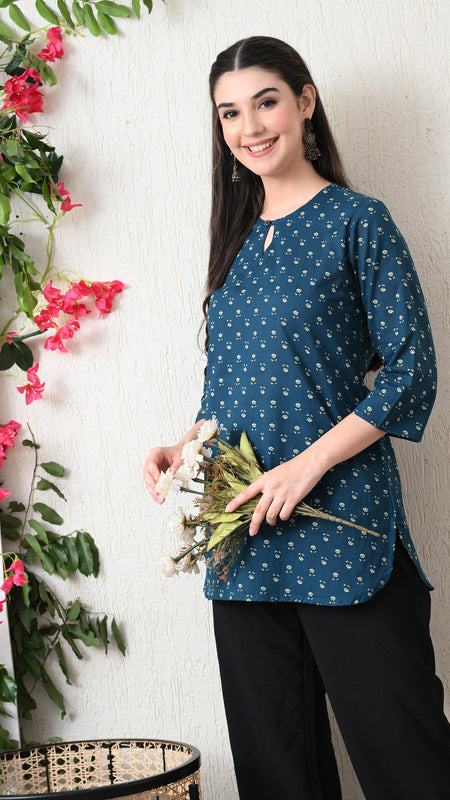 Teal Micro Flower Pure Cotton Casual 3/4th Sleeves Top for women