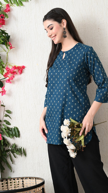 Teal Micro Flower Pure Cotton Casual 3/4th Sleeves Top for women