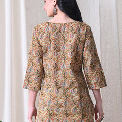 Brown Kalamkari Jal Pure Cotton Casual 3/4th Sleeves Top for women