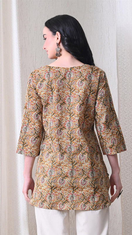 Brown Kalamkari Jal Pure Cotton Casual 3/4th Sleeves Top for women