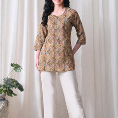 Brown Kalamkari Jal Pure Cotton Casual 3/4th Sleeves Top for women