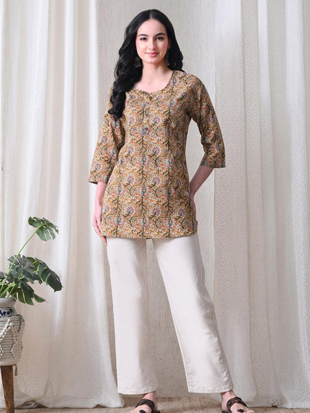 Brown Kalamkari Jal Pure Cotton Casual 3/4th Sleeves Top for women