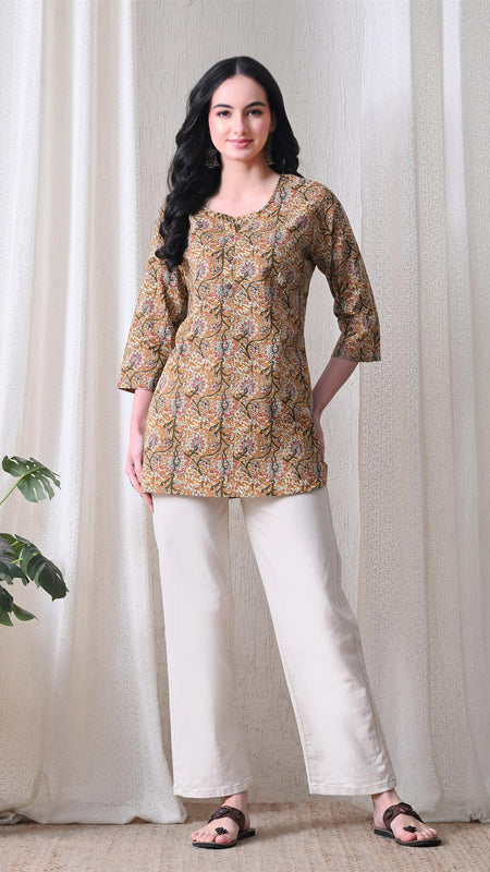 Brown Kalamkari Jal Pure Cotton Casual 3/4th Sleeves Top for women