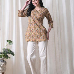 Brown Kalamkari Jal Pure Cotton Casual 3/4th Sleeves Top for women