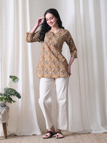 Brown Kalamkari Jal Pure Cotton Casual 3/4th Sleeves Top for women