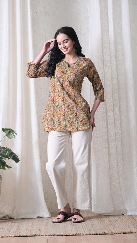 Brown Kalamkari Jal Pure Cotton Casual 3/4th Sleeves Top for women