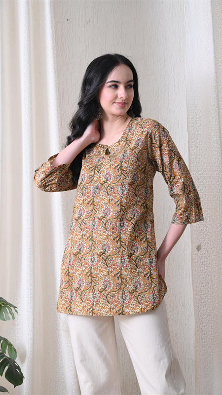 Brown Kalamkari Jal Pure Cotton Casual 3/4th Sleeves Top for women