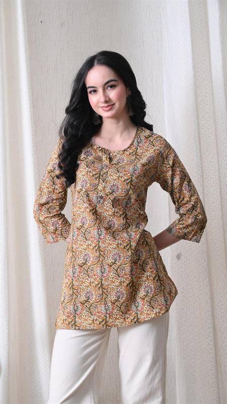 Brown Kalamkari Jal Pure Cotton Casual 3/4th Sleeves Top for women