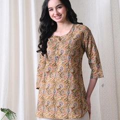 Brown Kalamkari Jal Pure Cotton Casual 3/4th Sleeves Top for women