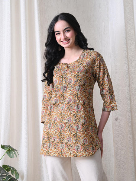 Brown Kalamkari Jal Pure Cotton Casual 3/4th Sleeves Top for women