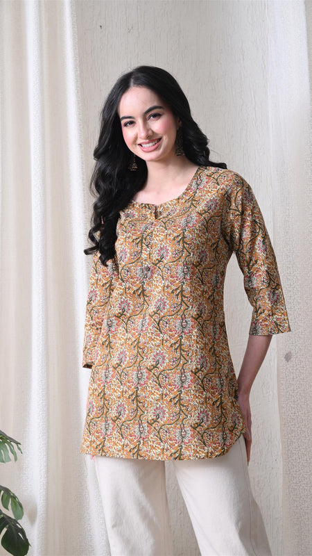 Brown Kalamkari Jal Pure Cotton Casual 3/4th Sleeves Top for women