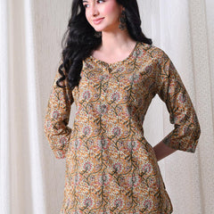 Brown Kalamkari Jal Pure Cotton Casual 3/4th Sleeves Top for women