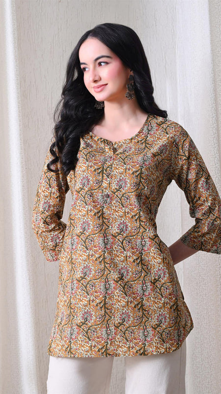 Brown Kalamkari Jal Pure Cotton Casual 3/4th Sleeves Top for women