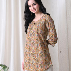 Brown Kalamkari Jal Pure Cotton Casual 3/4th Sleeves Top for women