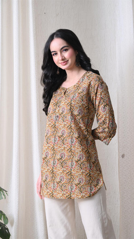 Brown Kalamkari Jal Pure Cotton Casual 3/4th Sleeves Top for women