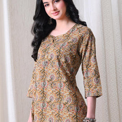 Brown Kalamkari Jal Pure Cotton Casual 3/4th Sleeves Top for women