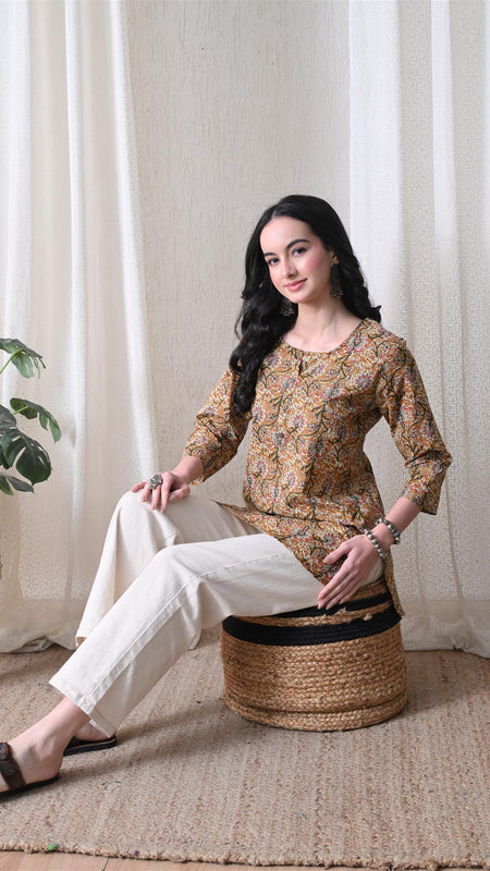 Brown Kalamkari Jal Pure Cotton Casual 3/4th Sleeves Top for women