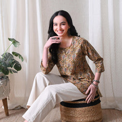 Brown Kalamkari Jal Pure Cotton Casual 3/4th Sleeves Top for women