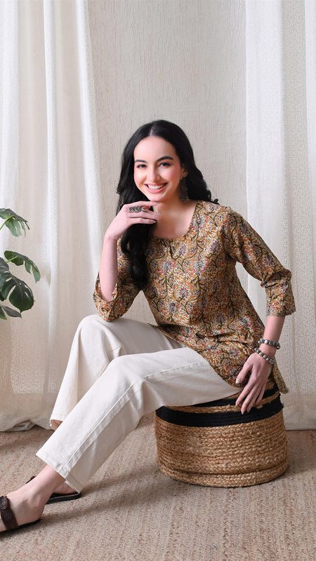 Brown Kalamkari Jal Pure Cotton Casual 3/4th Sleeves Top for women