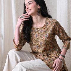 Brown Kalamkari Jal Pure Cotton Casual 3/4th Sleeves Top for women
