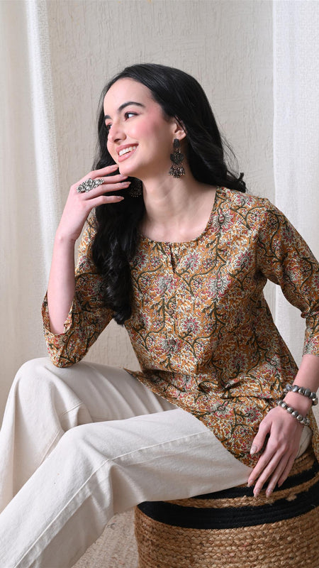 Brown Kalamkari Jal Pure Cotton Casual 3/4th Sleeves Top for women