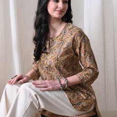 Brown Kalamkari Jal Pure Cotton Casual 3/4th Sleeves Top for women