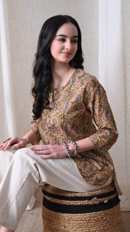 Brown Kalamkari Jal Pure Cotton Casual 3/4th Sleeves Top for women