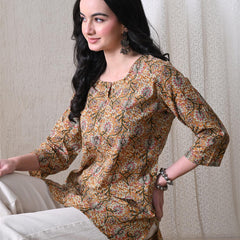 Brown Kalamkari Jal Pure Cotton Casual 3/4th Sleeves Top for women