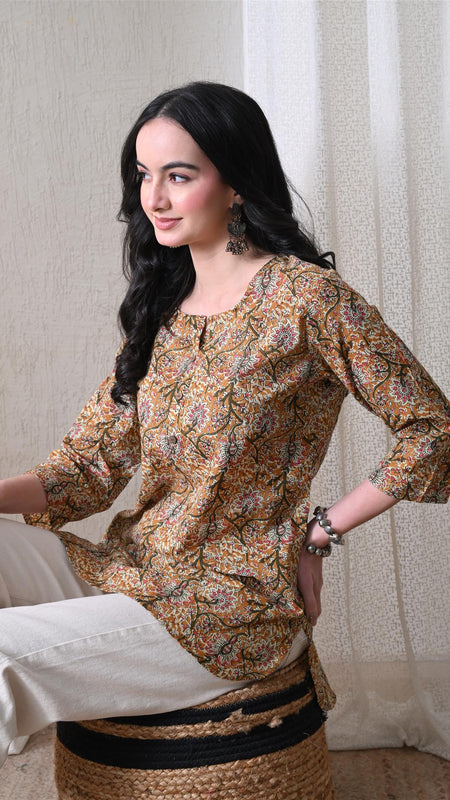 Brown Kalamkari Jal Pure Cotton Casual 3/4th Sleeves Top for women