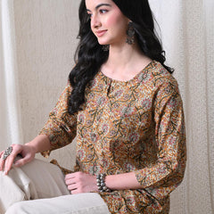 Brown Kalamkari Jal Pure Cotton Casual 3/4th Sleeves Top for women