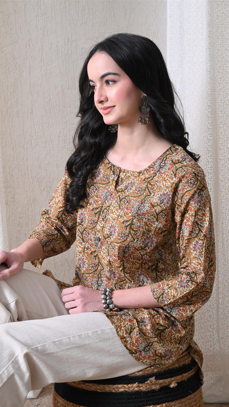Brown Kalamkari Jal Pure Cotton Casual 3/4th Sleeves Top for women