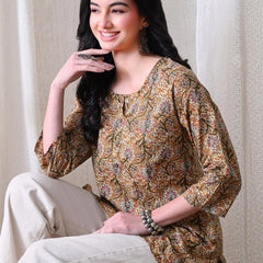 Brown Kalamkari Jal Pure Cotton Casual 3/4th Sleeves Top for women