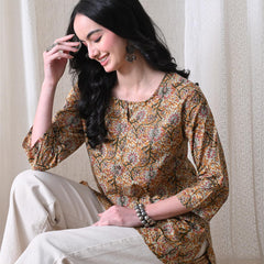 Brown Kalamkari Jal Pure Cotton Casual 3/4th Sleeves Top for women