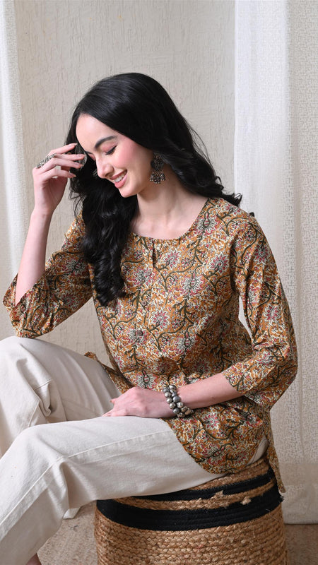 Brown Kalamkari Jal Pure Cotton Casual 3/4th Sleeves Top for women