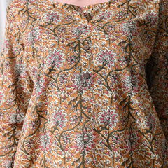 Brown Kalamkari Jal Pure Cotton Casual 3/4th Sleeves Top for women