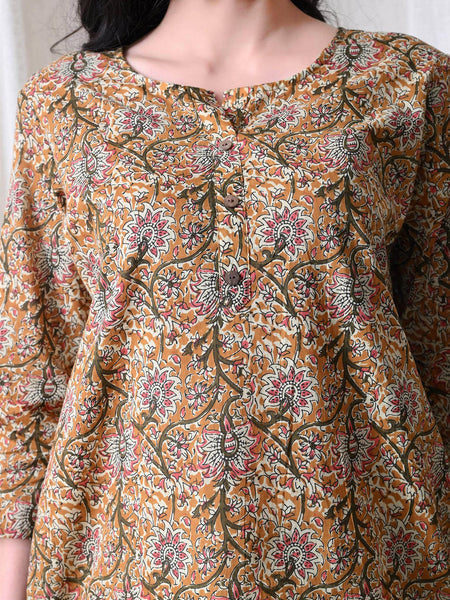 Brown Kalamkari Jal Pure Cotton Casual 3/4th Sleeves Top for women