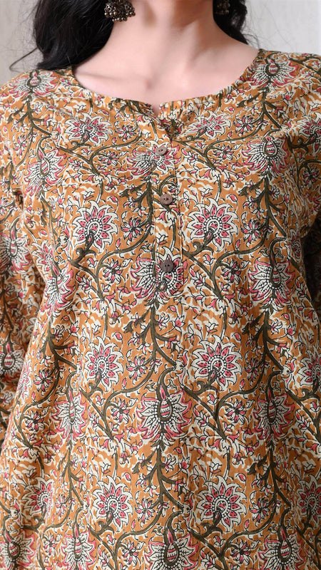 Brown Kalamkari Jal Pure Cotton Casual 3/4th Sleeves Top for women