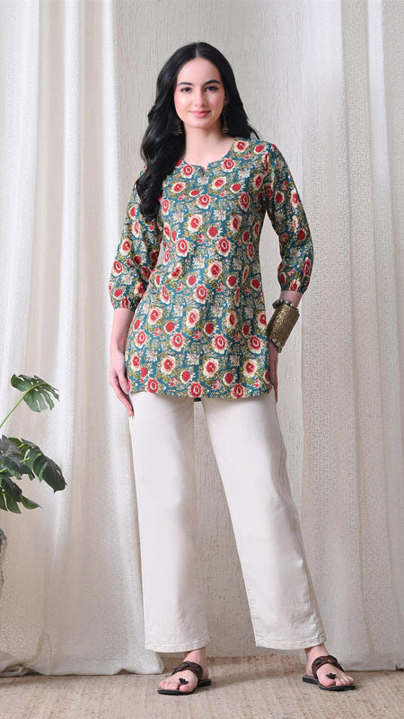 Green SunflowerJal Pure Cotton Casual 3/4th Sleeves Top for women