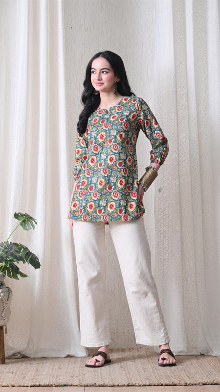 Green SunflowerJal Pure Cotton Casual 3/4th Sleeves Top for women